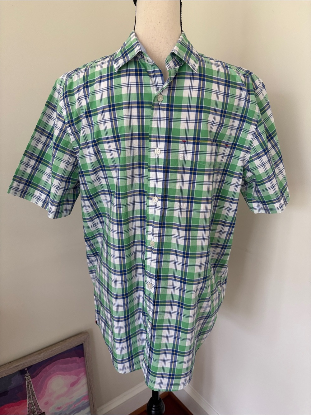 Tommy Hilfiger Men’s Green, Blue & White Plaid Short-Sleeve Button-Down Shirt S